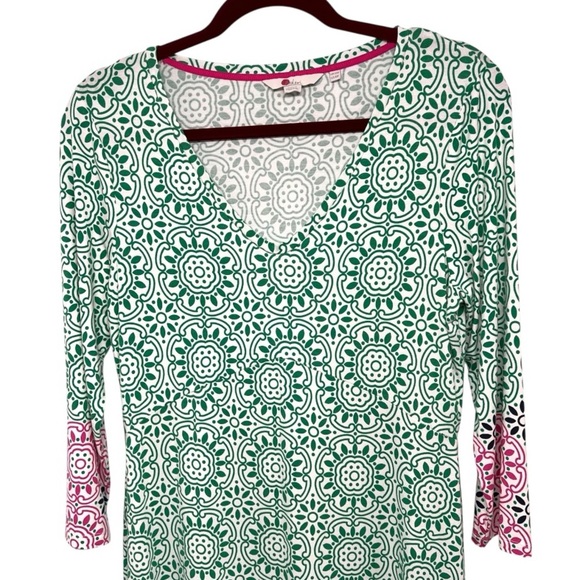 Boden Green & White Medallion Print V Neck Jersey Knit Tunic Mini Dress Womens 8 - Picture 7 of 10